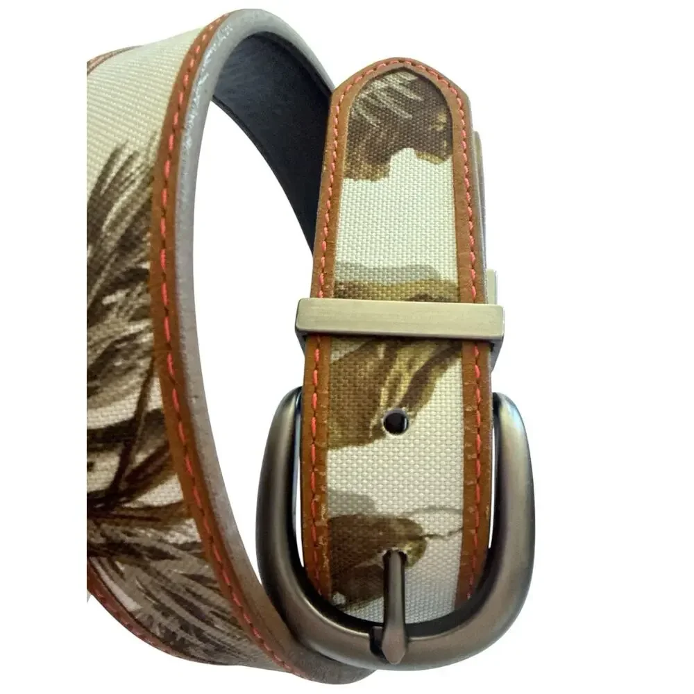 Realtree Belt Reversible Brown Leather White Camouflage Brush Nickel Buckle M/L